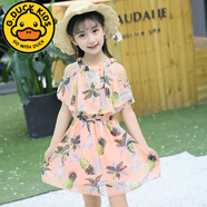 G.DUCKKIDS童裝女童連衣裙2024夏裝新款兒童雪紡吊帶裙子女孩韓版公主裙秋季 雪紡裙 菠蘿粉色 120 110CM身高選