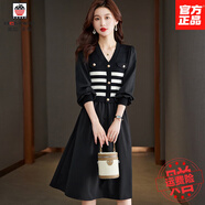 AEMAPE秋冬新款高級(jí)感羊毛連衣裙v領(lǐng)長(zhǎng)袖針織拼接假兩件毛衣裙大牌輕奢 黑色 均碼