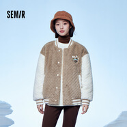 Semir森馬羅小黑外套女夾棉夾克寬松冬季仿兔毛拼色棒球服休閑 咖色調(diào)00355 XL