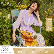 兩三事梵高系列 向夏日葵 夏季新款復(fù)古蕾絲格子印花連衣裙 紫色 S