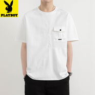 花花公子（PLAYBOY）高檔夏季新款男士短袖t恤冰絲棉純色簡約口袋圓領(lǐng)半袖體恤上衣服 旗艦官方精品】25169白色 M 建議85-110斤