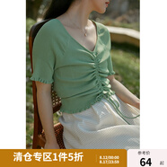 獨(dú)束【多色可選】大碼女裝抽繩褶皺大V領(lǐng)短袖針織衫女短款甜美上衣 綠色 2XL