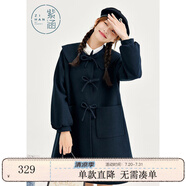 紫涵小A型方領(lǐng)毛呢大衣女冬季學(xué)院風(fēng)門襟手打蝴蝶結(jié)外套 黑藏青 M