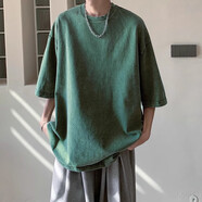 主意范（ZHUYIFAN）水洗做舊短袖T恤男夏季美式hiphop潮流重磅純色休閑百搭五分袖潮 水洗綠色. M