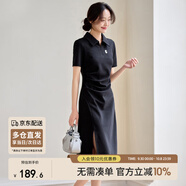 尚都比拉夏季通勤Polo裙短袖針織連衣裙女開叉A字裙 黑色142L54627  M
