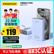 品勝【3C認證】充電寶自帶雙線20000毫安大容量可上飛機高鐵22.5W快充小巧移動電源適用蘋果華為小米藍