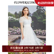 flowerscoming花兒開(kāi)了2024夏季新款網(wǎng)紗波點(diǎn)刺繡連衣裙女高腰修身中長(cháng)款公主裙 白色 S