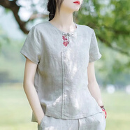 古闌迪莉杭州四季青服裝批發(fā)市場(chǎng)女短袖小清新田園風(fēng)棉麻刺繡t恤復(fù)古裝夏 麻色 M 80-100斤