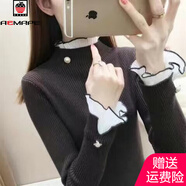 AEMAPE加絨厚加厚毛衣女外穿秋冬新款修身針織洋氣內搭上衣蕾絲打底衫 咖啡色 L 105-115斤