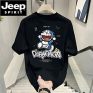 JEEP SPIRIT藍胖子日系動漫哆啦A夢印花短袖t恤男女夏季新款半袖寬松上衣2025 黑色 XL 建議120-140斤