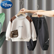 迪士尼（Disney）男童春季套裝2025新款春秋裝帥氣兒童炸街時尚衛(wèi)衣牛仔褲兩件套潮 米色套裝【衛(wèi)衣+褲子】 90 (建議85厘米左右)