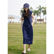 德瑪納【克萊因藍】夏季美式時(shí)髦連帽撞色t恤裙舒適藏肉后開(kāi)叉女連衣裙