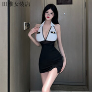 高級感知性OL拼色高腰襯衫v領性感修身包臀辣妹連衣裙女 圖色 S