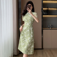 SXA香港潮牌碎花旗袍改良連衣裙女裝2025夏新款高端時(shí)尚提花中長(zhǎng)裙子 淺綠色 S