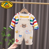 G.DUCKKIDS寶寶秋裝套裝洋氣3兒童衣服小童秋季嬰兒1歲男童背帶褲兩件套春秋 卡其色 MXB小熊背帶 80 建議身高75-85年齡9-12月左右