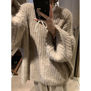 溥畔慵懶寬松圓領(lǐng)燈籠袖毛衣女秋冬純色豎坑條大碼針織衫 燕麥 均碼