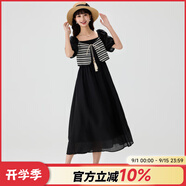 快魚復(fù)古時尚連衣裙2024新款女夏季假兩件設(shè)計拼接系帶泡泡袖長裙 黑色 M