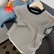junfangya自留港風(fēng)復(fù)古條紋正肩小飛袖T恤女夏季寬松百搭上衣 黑色條紋 均碼
