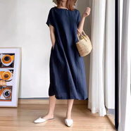 純棉寬松顯瘦連衣裙女春夏歐美大碼中長(zhǎng)款裙子 寶藍(lán)色 M