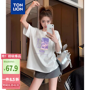 唐獅（TonLion）2025夏女圓領前胸色塊圖案短袖T恤 L  漂白 