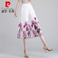 皮爾卡丹（pierre cardin）冰絲七分褲女夏季薄款高腰裙褲復(fù)古小個(gè)子顯瘦寬松印花雪紡闊腿褲 玫瑰花 M 27/90-100體重