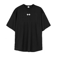夏季歐美健身寬松短袖休閑落肩袖健美肌肉男士運(yùn)動服網(wǎng)孔透氣T恤 黑色 M