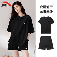 安踏女士運(yùn)動(dòng)套裝夏季速干休閑短袖女t恤透氣跑步羽毛球網(wǎng)球短褲女 基礎(chǔ)黑（短袖） +基礎(chǔ)黑（短褲） L