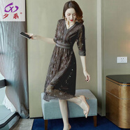 夕系【杭州品牌】夏中長(cháng)款連衣裙韓版修身蕾絲時(shí)尚中袖裙子女裝 黑色 S