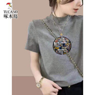 啄木鳥歐貨半高領(lǐng)純棉正肩短袖t恤女夏季寬松顯瘦打底衫小立領(lǐng)灰色上衣 半高領(lǐng)灰夏國(guó)風(fēng)龍鳳 L 建議(105-115斤)