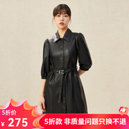 哥弟真的好（GIRDEAR）女裝高腰泡泡袖PU皮連衣裙（附腰帶）A500183 黑 L (4碼)