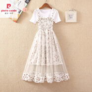 皮爾卡丹（pierre cardin）法式連衣裙2025新款夏季超仙甜美森系女碎花雪紡拼接網(wǎng)紗黑色吊帶 白色裙子+白T 009# S