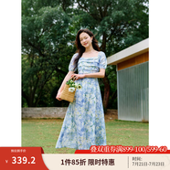 茵曼（INMAN）度假風海邊印花連衣裙2025夏季女裝新品方領(lǐng)泡泡袖收腰長裙子 釉藍色 S