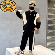 G.DUCKKIDS兒童套裝春秋款2025男童OLO衫運動(dòng)套裝中大童帥氣網(wǎng)紅拼色兩件套 黑色R套裝 秋款 150