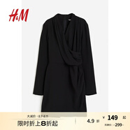 H&M女裝連衣裙秋季女士垂褶裹身長(cháng)袖V領(lǐng)垂墜短裙1197064 黑色 170/116
