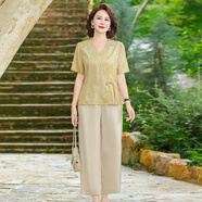 桂依鳥(niǎo)媽媽裝夏裝2025新款套裝中老年女裝40-60歲洋氣母親衣服國(guó)風(fēng)短袖 鎏金色 小衫+米白闊腿褲 3XL 推薦120-130斤