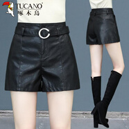 啄木鳥(niǎo)皮短褲女春秋冬2019新款高腰加絨寬松闊腿顯瘦皮短褲女PU外穿靴褲 黑色8090款本色腰帶 S 建議80-90斤