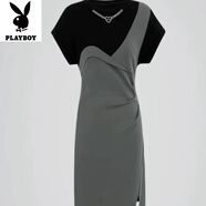 花花公子（PLAYBOY）高端精致拼接連衣裙子女夏季2025新款法式氣質(zhì)感收腰a字長(cháng)裙 黑色連衣裙-旗艦款 L _【建議95-110斤】