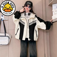 G.duck女童外套春秋款2025新款洋氣兒童韓版寬松女孩春裝連帽時(shí)尚上衣 對稱(chēng)雙條外套 140 碼建議130cm左右身高