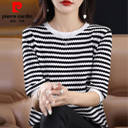 皮爾卡丹（pierre cardin）短袖t恤女條紋冰絲針織衫薄款春裝2025年新款夏季上衣歐貨打底衫 金131白色 S
