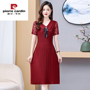皮爾卡丹（pierre cardin）時(shí)尚優(yōu)雅中長(zhǎng)款百褶連衣裙女夏季新款韓版修身雪紡短袖設(shè)計(jì)感裙子 紅色 今年流行的輕奢品牌 XL 115斤以下