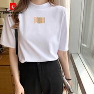 皮爾卡丹（pierre cardin）短袖半高領(lǐng)純棉t恤女設(shè)計感小眾歐洲站寬松大碼半袖打底上衣 白色【豎條紋】 S