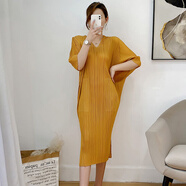 日本三宅一生褶皺一生V領(lǐng)裙子大碼女夏氣質(zhì)時(shí)尚新款顯瘦歐洲站新 姜黃色 均碼 【現貨放心購】