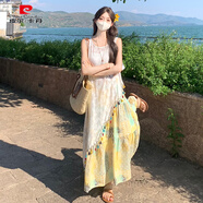 皮爾卡丹波西米亞不規則吊帶連衣裙女夏民族風(fēng)多巴胺明媚海邊度假長(cháng)裙套裝 不規則上衣 L