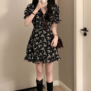 冉藝嵐法式v領(lǐng)碎花連衣裙年女夏季新款夏季小個子黑色仙女魚尾短裙韓版 碎花裙 S 建議80-92斤