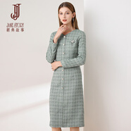 經(jīng)典故事經(jīng)典故事修身毛呢連衣裙女秋冬新款時(shí)尚簡約氣質(zhì)圓領(lǐng)鉛筆裙 J73_綠色 L 165_88A_