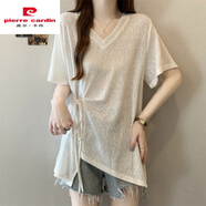 皮爾卡丹設計感不規則v領(lǐng)短袖t恤女2025夏大碼胖mm收腰中長(cháng)款獨特別致上衣 白色版冷淡系獨特別致/氣質(zhì)小眾 3XL (建議160-180斤)