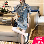 AEMAPE女裝2025夏季新款拼接格子收腰牛仔連衣裙女士時(shí)尚氣質(zhì)直 黑色格子拼接 M _(建議115-130斤)