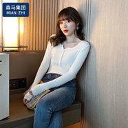 棉致秋冬ins嘻哈風(fēng)長袖顯瘦針織打底衫紐扣毛衣修身緊身上衣短款上衣 白色 均碼