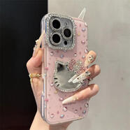 社前超好看鑲鉆kitty貓鏡子適用蘋(píng)果16pro/16promax女款手機殼iPhone17新款17promax可愛(ài)保護殼 夏日果凍色【少女粉+滿(mǎn)屏kitty貓】立體粉色鏡子 蘋(píng)果16ProMax