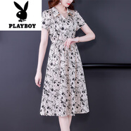 花花公子（PLAYBOY）重磅真絲連衣裙女大碼中老年媽媽收腰氣質(zhì)印花桑蠶絲裙子夏季 花色 M